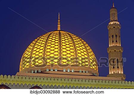 "The flood-lit dome and minaret of Sultan Qaboos Grand Mosque at the blue hour, Ghubrah, Muscat Governorate (Capital Area), Oman, Asia" View Large Photo Image Stock Photo - "The flood-lit dome and minaret of Sultan Qaboos Grand Mosque at the blue hour, Ghubrah, Muscat Governorate (Capital Area), Oman, Asia". Fotosearch