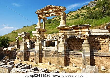 "The Fountain of Emperor Trajan on Curetes Street, constructed between 102 - 114 A. D., Ephesus Archaeological Site, Anatolia, Turkey, Asia" View Large Photo Image Stock Photograph - "The Fountain of Emperor Trajan on Curetes Street, constructed between 102 - 114 A. D., Ephesus Archaeological Site, Anatolia, Turkey, Asia". Fotosearch
