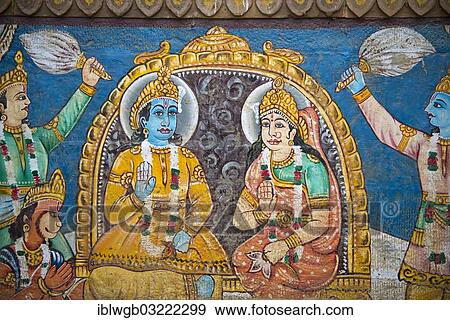 Stock Photo - "The god Shiva and the Mother Goddess Ganga painted on the wall of a house on the banks of the Ganges River, Varanasi, Uttar Pradesh, India, Asia". Fotosearch