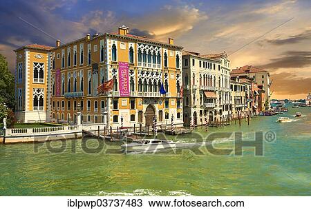 Stock Image - "The Grand Canal from Ponte dell'Accademia at sunset, in the foreground Palazzo Cavalli-Franchetti, Venice, Venezien, Italy, Europe". Fotosearch