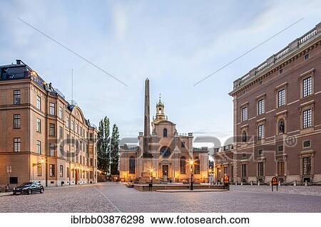 Stock Photo - "The Great Church or Church of St. Nicholas, Storkyrkan, right Stockholm Palace or the Royal Palace, kungliga slottet, historic centre, Gamla Stan, Stockholm, Stockholm County, Sweden, Europe". Fotosearch