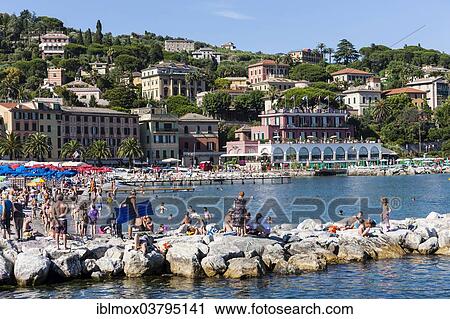 Stock Image - "The historic centre and beach of Santa Margherita Ligure on the Gulf of Genoa, Italian Riviera, Liguria, Italy, Europe". Fotosearch