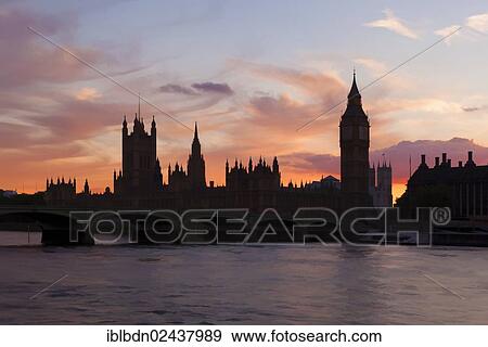 Stock Photo - "The Houses of Parliament and Westminster Bridge silhouetted at dusk, London, England, United Kingdom, Europe". Fotosearch