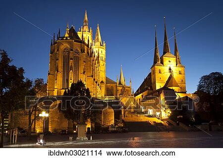 "The illuminated Cathedral of St. Mary and St. Severi Church at dusk, Thuringer Wald, Erfurt, Thuringia, Germany, Europe" View Large Photo Image Picture - "The illuminated Cathedral of St. Mary and St. Severi Church at dusk, Thuringer Wald, Erfurt, Thuringia, Germany, Europe". Fotosearch