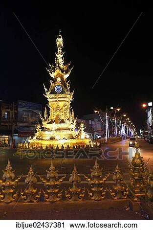 "The illuminated golden clock tower in the town center at night, Chiang Rai, Thailand, Asia" View Large Photo Image Stock Image - "The illuminated golden clock tower in the town center at night, Chiang Rai, Thailand, Asia". Fotosearch