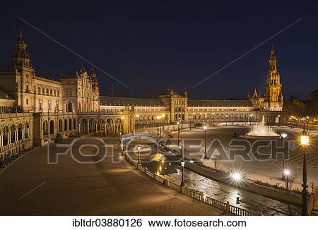 Stock Photograph - "The illuminated Plaza de Espana at dusk, Seville, Seville province, Andalusia, Spain, Europe". Fotosearch