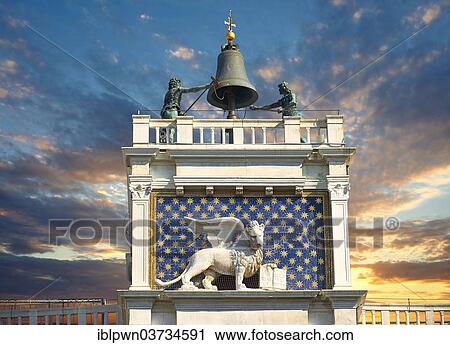 Stock Image - "The Lion of St Mark, renaissance clock tower of Torre dell' Orologio, Saint Mark's Square, Venice, Veneto Region, Italy, Europe". Fotosearch