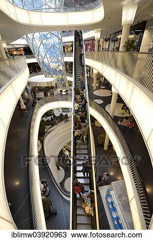 Stock Image - "The longest unsupported escalator in Europe, MyZeil shopping mall, architect Massimiliano Fuksas, Palais Quartier, Frankfurt am Main, Hesse, Germany, Europe". Fotosearch