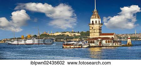 "The Maiden's Tower Lighthouse at the mouth of the Bosphorus, looking towards the Blue Mosque, Hagia Sophia and the Topkapi Palace on Sarayburnu or Seraglio Point, from left, Istanbul, Turkey, Asia" View Large Photo Image Stock Image - "The Maiden's Tower Lighthouse at the mouth of the Bosphorus, looking towards the Blue Mosque, Hagia Sophia and the Topkapi Palace on Sarayburnu or Seraglio Point, from left, Istanbul, Turkey, Asia". Fotosearch