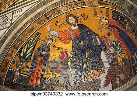 "The medieval Romanesque style Byzantine mosaic of Christ between the Virgin Mary and St Minias, 1260, San Miniato al Monte Basilica, St. Minias on the Mountain, Florence, Tuscany, Italy, Europe" View Large Photo Image Stock Image - "The medieval Romanesque style Byzantine mosaic of Christ between the Virgin Mary and St Minias, 1260, San Miniato al Monte Basilica, St. Minias on the Mountain, Florence, Tuscany, Italy, Europe". Fotosearch