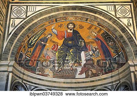 "The medieval Romanesque style Byzantine mosaic of Christ between the Virgin Mary and St Minias, 1260, San Miniato al Monte Basilica, St. Minias on the Mountain, Florence, Tuscany, Italy, Europe" View Large Photo Image Stock Photo - "The medieval Romanesque style Byzantine mosaic of Christ between the Virgin Mary and St Minias, 1260, San Miniato al Monte Basilica, St. Minias on the Mountain, Florence, Tuscany, Italy, Europe". Fotosearch