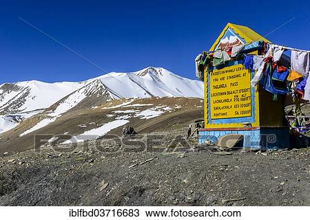 "The milestone on top of Taglang La, 5. 325 m, the highest pass on the Manali-Leh Highway, snow covered mountains in the distance, Rumtse, Ladakh, Jammu and Kashmir, India, Asia" View Large Photo Image Stock Image - "The milestone on top of Taglang La, 5. 325 m, the highest pass on the Manali-Leh Highway, snow covered mountains in the distance, Rumtse, Ladakh, Jammu and Kashmir, India, Asia". Fotosearch