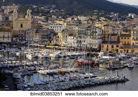 Stock Image - "The old port with marina and Saint Jean-Baptiste Church, Port de Plaisance or Vieux Port, historic center, Bastia, Haute-Corse, Corsica, France, Europe". Fotosearch