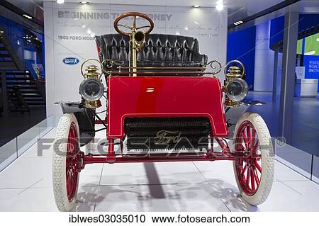 Stock Image - "The oldest surviving Ford, a 1903 Ford Model A, on display at the North American International Auto Show, North American International Auto Show, Detroit, Michigan, United States, North America". Fotosearch