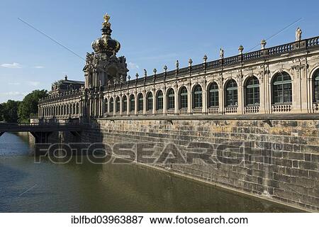 Stock Photo - "The outer wall of the Zwinger park, with the Crown Gate and the surrounding waterpool, Dresden, Saxonia, Germany, Europe". Fotosearch
