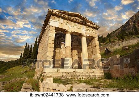 Stock Photo - "The reconstructed Treasury of Athens, built to commemorate the victory at the Battle of Marathon, Delphi archaeological site, Greece, Europe". Fotosearch