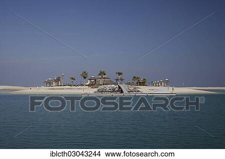 Picture - "The Royal Island Beach Club"""" on Lebanon Island, first commercially used island of the artificial archipelago """"The World"""" or """"World Islands"""", Dubai, Emirate of Dubai, United Arab Emirates, Asia". Fotosearch