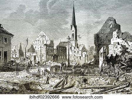 Stock Photograph - "The ruined city of Kehl am Rhein, Baden-Wuerttemberg, Germany, historical scene from the Franco-Prussian War or Franco-German War, 1870-1871, between the French Empire and the Kingdom of Prussia, Europe". Fotosearch