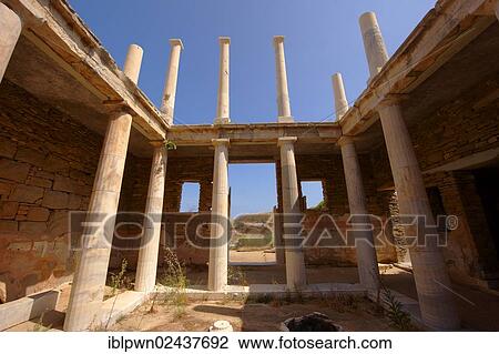 Stock Image - "The ruins of the Greek Villa in the city of Delos, Cyclades Islands, Greece, Europe". Fotosearch