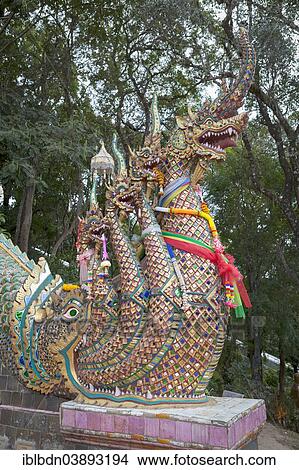 Picture - "The seven headed naga guarding the 300 steps to Wat Phrathat Doi Suthep, Chiang Mai, Thailand, Asia". Fotosearch