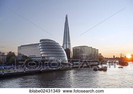 Stock Photo - "The Shard Tower, City Hall, River Thames, view from Tower Bridge at dusk, London, England, United Kingdom, Europe". Fotosearch