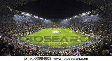 Stock Image - "The sold-out Signal Iduna Arena before the kickoff of the UEFA Champions League game Borussia Dortmund vs Arsenal, Dortmund, North Rhine-Westphalia, Germany, Europe". Fotosearch