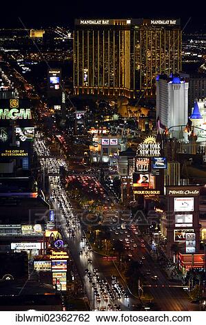 Stock Image - "The Strip at night, The Cosmopolitan luxury hotel, New York New York, Mandalay Bay, Excalibur, Las Vegas, Nevada, United States of America, USA". Fotosearch