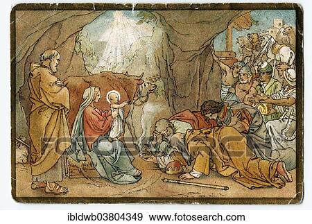Stock Photo - "The three Magi kneeling before the Baby Jesus, adoration of the Magi, devotional image, Bavaria, Germany, Europe". Fotosearch