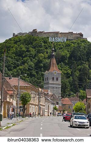 Stock Image - "The town of Rasnov underneath Rasnov Castle, Rasnov, Romania, Europe". Fotosearch