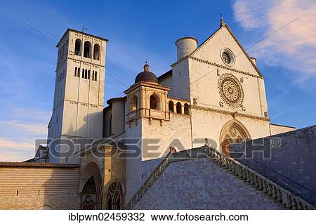 Stock Image - "The upper facade of the Papal Basilica of St Francis of Assisi, Basilica Papale di San Francesco, Assisi, Italy, Europe". Fotosearch