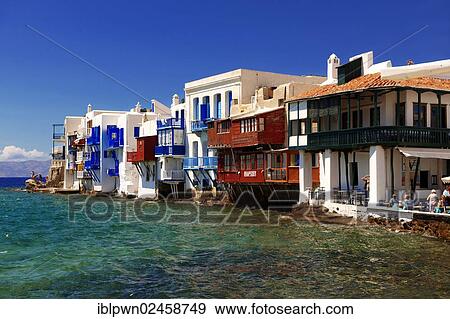Stock Photo - "The Venetia neighbourhood of the Kastro District of Chora, Mykonos, Cyclades Islands, Greece, Europe". Fotosearch