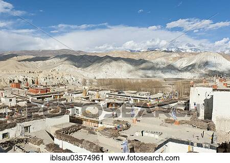 Stock Image - "The walled historic centre, the old royal palace or Dzong on right, Lo Manthang, Upper Mustang, Nepal, Asia". Fotosearch