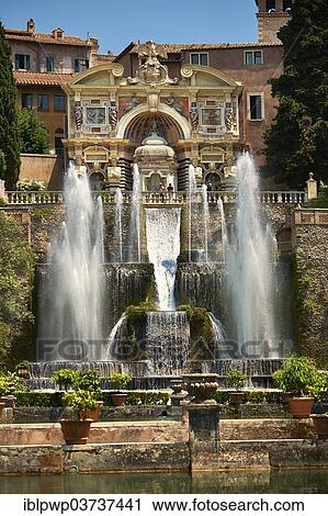 Stock Image - "The water jets of the Organ fountain, 1566, Villa d'Este, UNESCO World Heritage Site, Tivoli, Lazio, Italy, Europe". Fotosearch