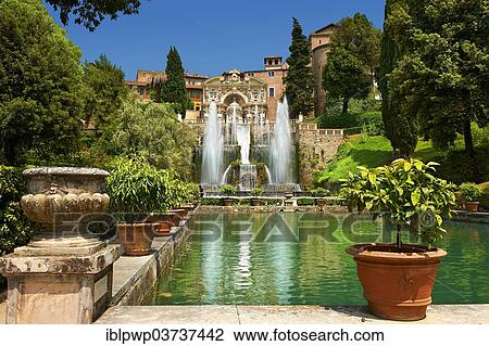Stock Image - "The water jets of the Organ fountain, 1566, Villa d'Este, UNESCO World Heritage Site, Tivoli, Lazio, Italy, Europe". Fotosearch