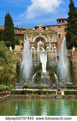 Stock Image - "The water jets of the Organ fountain, 1566, Villa d'Este, UNESCO World Heritage Site, Tivoli, Lazio, Italy, Europe". Fotosearch