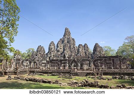 Stock Image - "The west side of the Bayon temple, Angkor Thom, Angkor, Siem Reap, Cambodia, Asia". Fotosearch