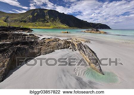 Stock Image - "The white sandy Refviksanden Beach, Vagsoy island, Sogn og Fjordane, Norway, Europe". Fotosearch