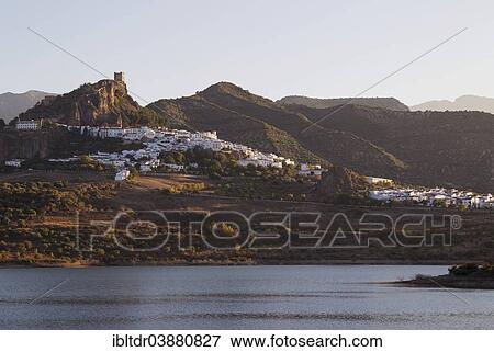 Stock Photo - "The White Town of Zahara de la Sierra with its Moorish castle and the reservoir of Zahara-El Gastor, Cadiz province, Andalusia, Spain, Europe". Fotosearch