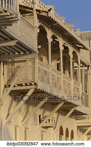 Stock Photo - "The white wooden merchant houses with their typical balconies, Muttrah, Muscat Governorate (Capital Area, Oman, Asia". Fotosearch