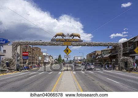 Stock Photo - "The world's largest arch made of wapiti antlers, Afton, Wyoming, United States, North America". Fotosearch