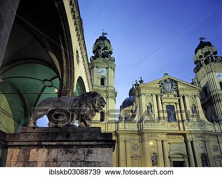 "Theatinerkirche, Theatine Church, with Feldherrnhalle Loggia at dusk, Zentrum, Munich, Upper Bavaria, Bavaria, Germany, Europe" View Large Photo Image Stock Photo - "Theatinerkirche, Theatine Church, with Feldherrnhalle Loggia at dusk, Zentrum, Munich, Upper Bavaria, Bavaria, Germany, Europe". Fotosearch