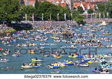Stock Photo - "Themed boats at the """"Nabada"""" boat parade on """"Schwormontag"""", a traditional Ulm holiday, Danube, Ulm, Baden-Wuerttemberg, Germany, Europe, PublicGround, Europe". Fotosearch