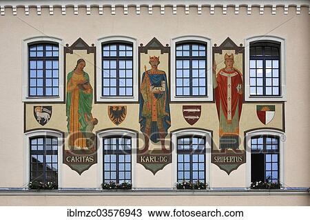 "Three large frescoes by Josef Hengge, 1924, the Holy Charity, Charlemagne and St Rupert, left facade of the Old Town Hall, built in 1849, Bad Reichenhall, Berchtesgadener Land District, Upper Bavaria, Bavaria, Germany, Europe" View Large Photo Image Stock Image - "Three large frescoes by Josef Hengge, 1924, the Holy Charity, Charlemagne and St Rupert, left facade of the Old Town Hall, built in 1849, Bad Reichenhall, Berchtesgadener Land District, Upper Bavaria, Bavaria, Germany, Europe". Fotosearch