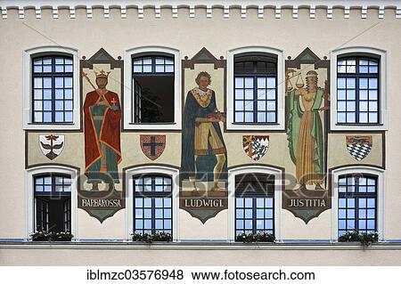 Stock Photo - "Three large frescoes by Josef Hengge, 1924, Barbarossa, Ludwig I and Lady Justice, right facade of the Old Town Hall, built in 1849, Bad Reichenhall, Berchtesgadener Land District, Upper Bavaria, Bavaria, Germany, Europe". Fotosearch