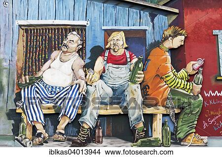 "Three men unemployed men on a bench, drinking alcohol, Hartz IV, caricature, mural, street art, Dusseldorf, North Rhine-Westphalia, Germany, Europe" View Large Photo Image Picture - "Three men unemployed men on a bench, drinking alcohol, Hartz IV, caricature, mural, street art, Dusseldorf, North Rhine-Westphalia, Germany, Europe". Fotosearch