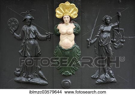 Picture - "Three relief figures on Roehrenbrunnen fountain of 1727, Feuchtwangen, Middle Franconia, Bavaria, Germany, Europe". Fotosearch