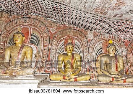 "Three statues of Buddha in meditation, Buddhas meditating, Dhyana Mudra, colourful mural, fresco, Maharaja-Iena cave, Buddhist cave temple of Dambulla, Golden Temple of Dambulla, Central Province, Sri Lanka, Asia" View Large Photo Image Picture - "Three statues of Buddha in meditation, Buddhas meditating, Dhyana Mudra, colourful mural, fresco, Maharaja-Iena cave, Buddhist cave temple of Dambulla, Golden Temple of Dambulla, Central Province, Sri Lanka, Asia". Fotosearch