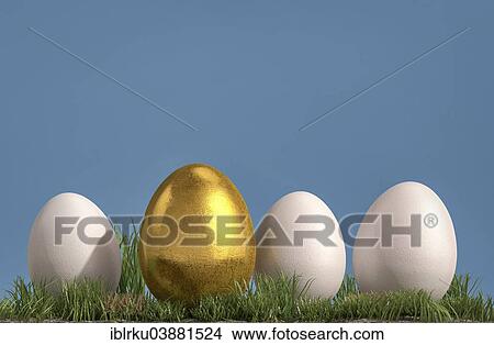 "Three white and one golden egg, 3D rendering" View Large Photo Image Picture - "Three white and one golden egg, 3D rendering". Fotosearch