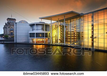 Stock Image - "Thunderstorm atmosphere over the Reichstag Building and Paul Loebe House, with the Spree River at the front, Government District, Berlin, Berlin, Germany, Europe". Fotosearch