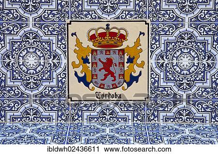 Stock Image - "Tiles on a bench with the coat of arms of Cordoba, Torremolinos, Andalusia, Spain, Europe, PublicGround, Europe". Fotosearch